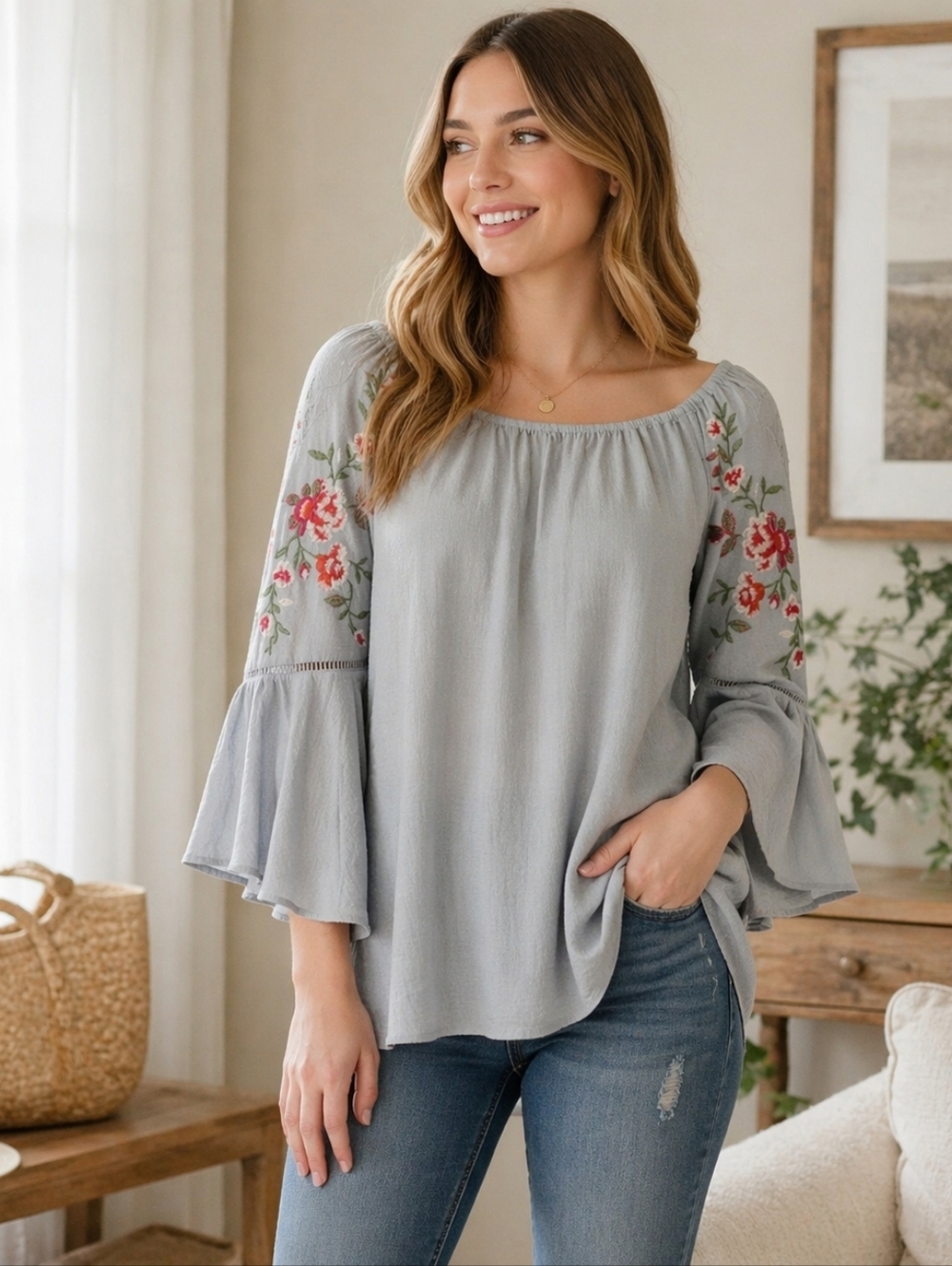 Umgee Grey Floral Embroidered Blouse, Size Small